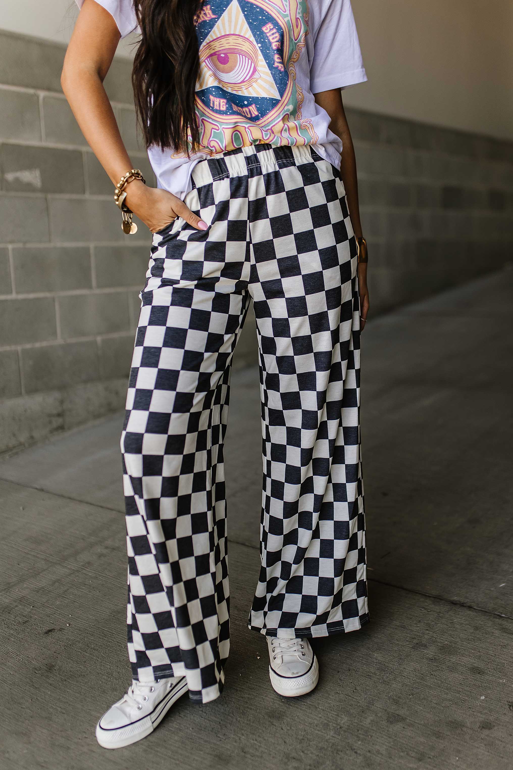 White and Black Checked Comfy Wide Leg Pants