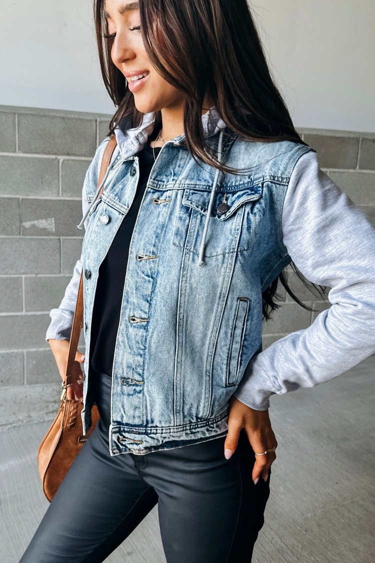 Jean jacket with sweater sleeves and hood hotsell