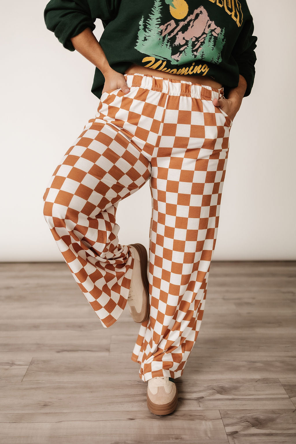 White and Camel Checked Comfy Wide Leg Pants | Checkmate Pants