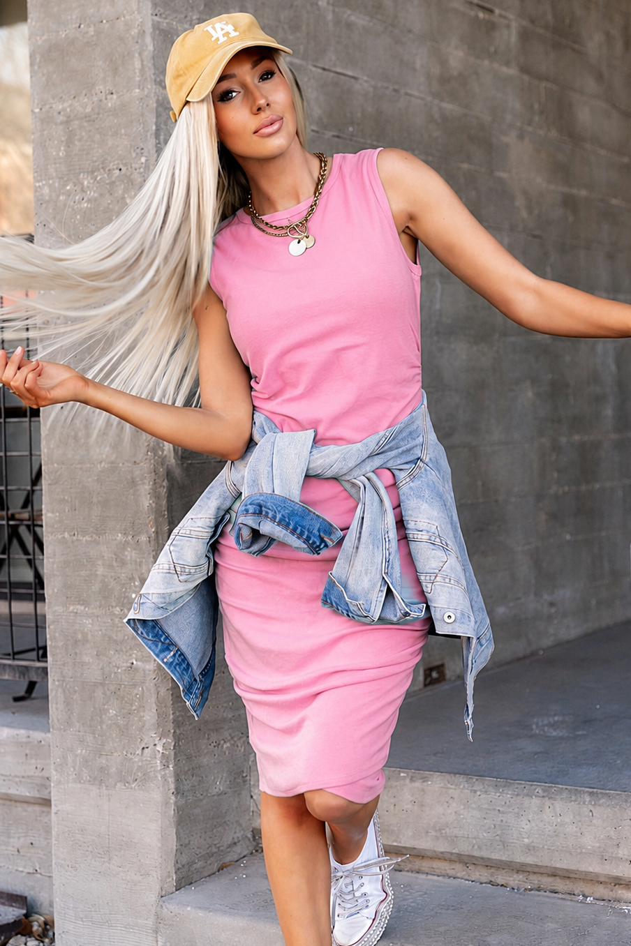 pink tank top dress Midi Medium Mikado and Rib Jersey LIGHT PINK DRESS WITH TANK
