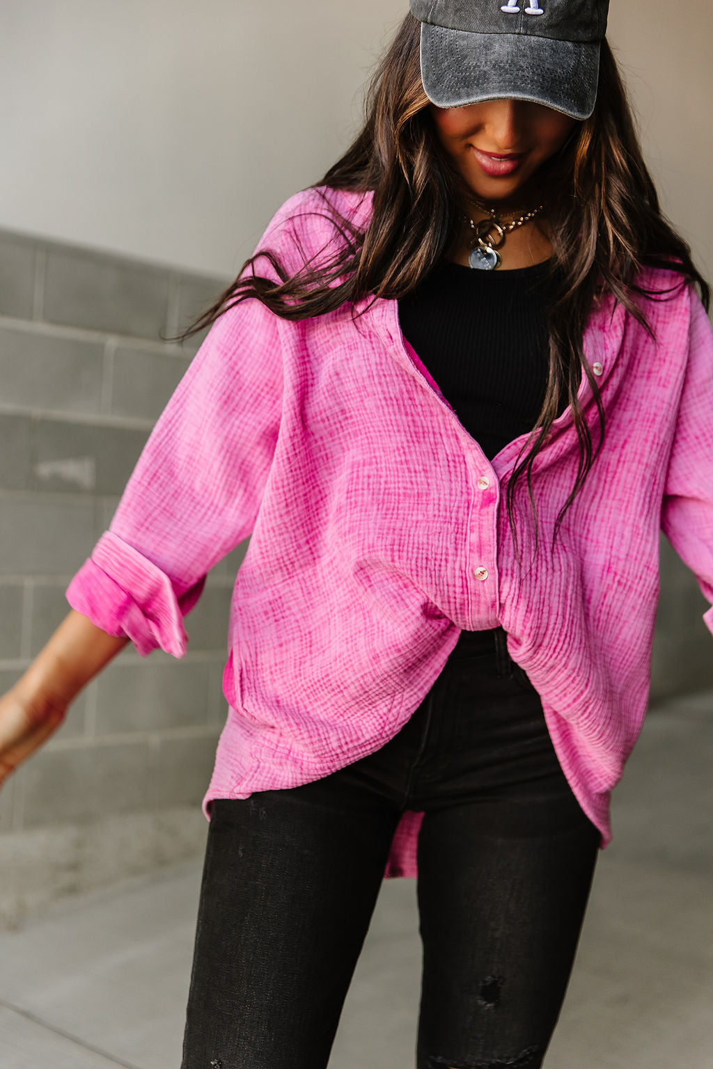 Janet's Office Girl Button Shirt - Hot Pink