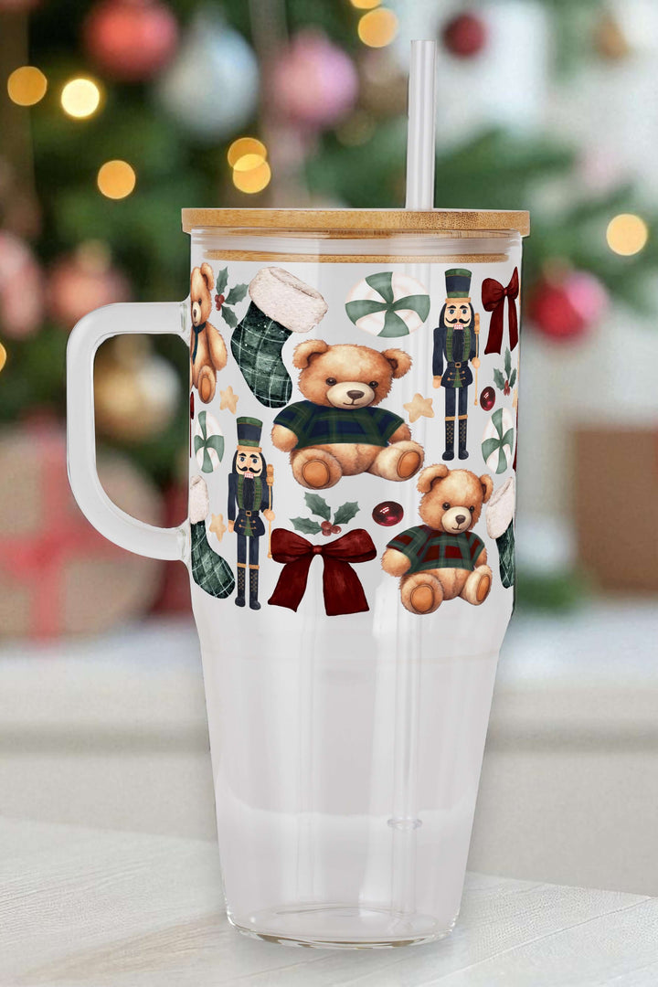 Plaid Teddy Christmas Tumbler with Handle Lid & Straw