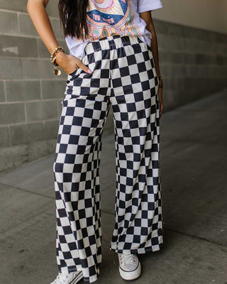 White and Navy Checked Comfy Wide Leg Pants
