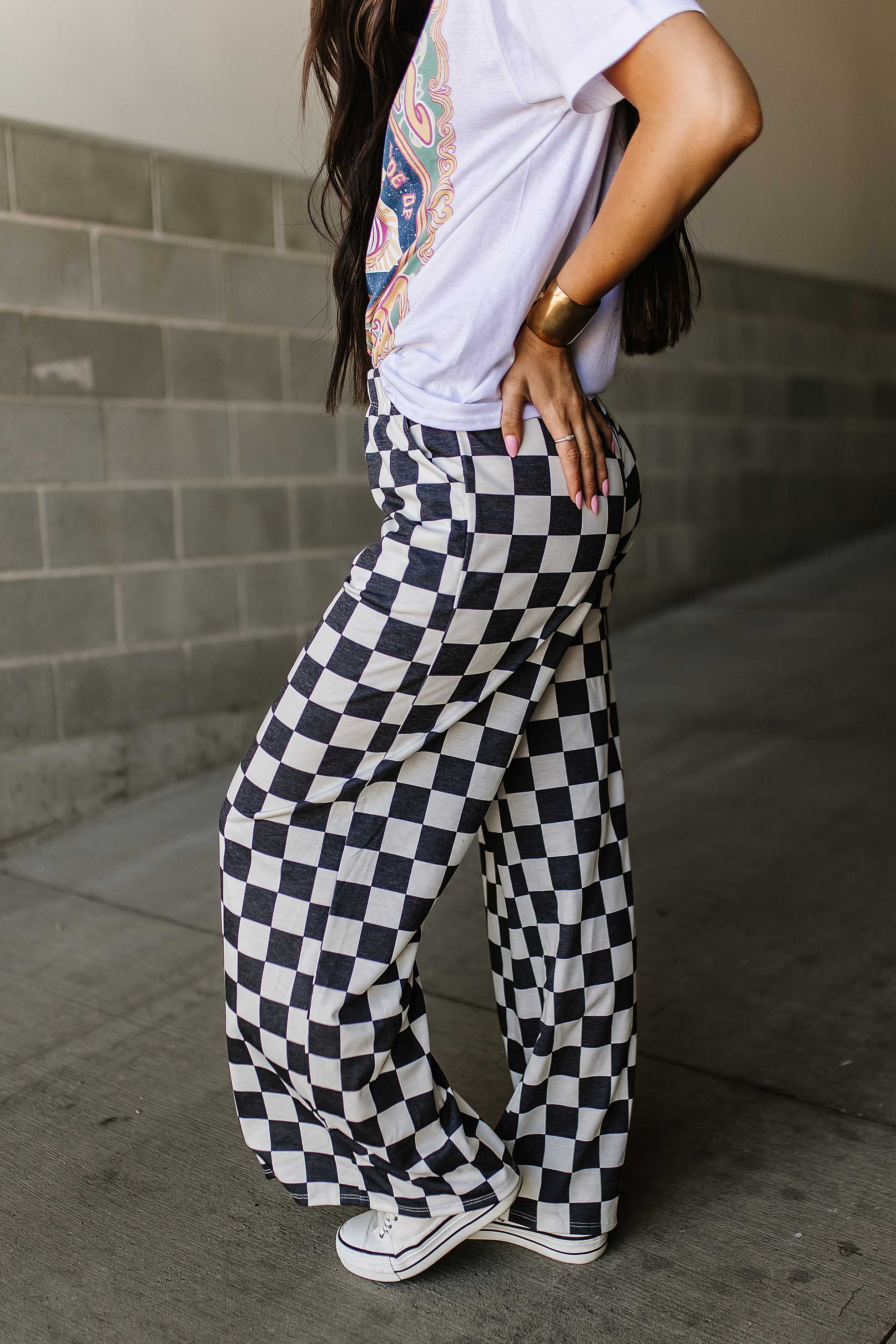 White and Black Checked Comfy Wide Leg Pants