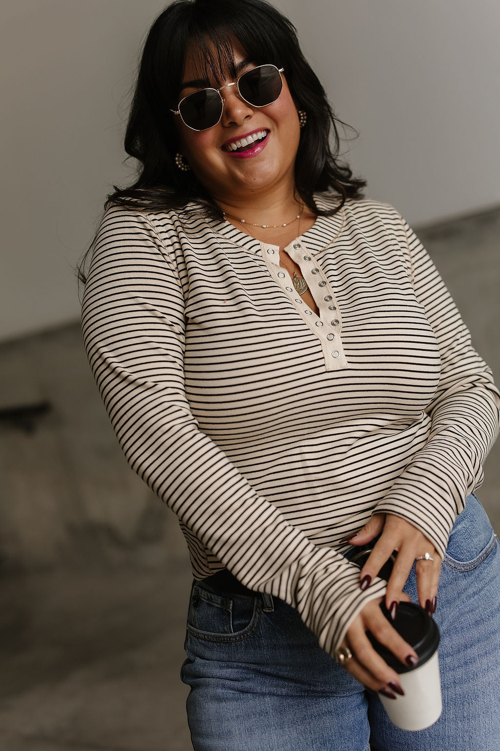 Brenna Striped Henley - Beige