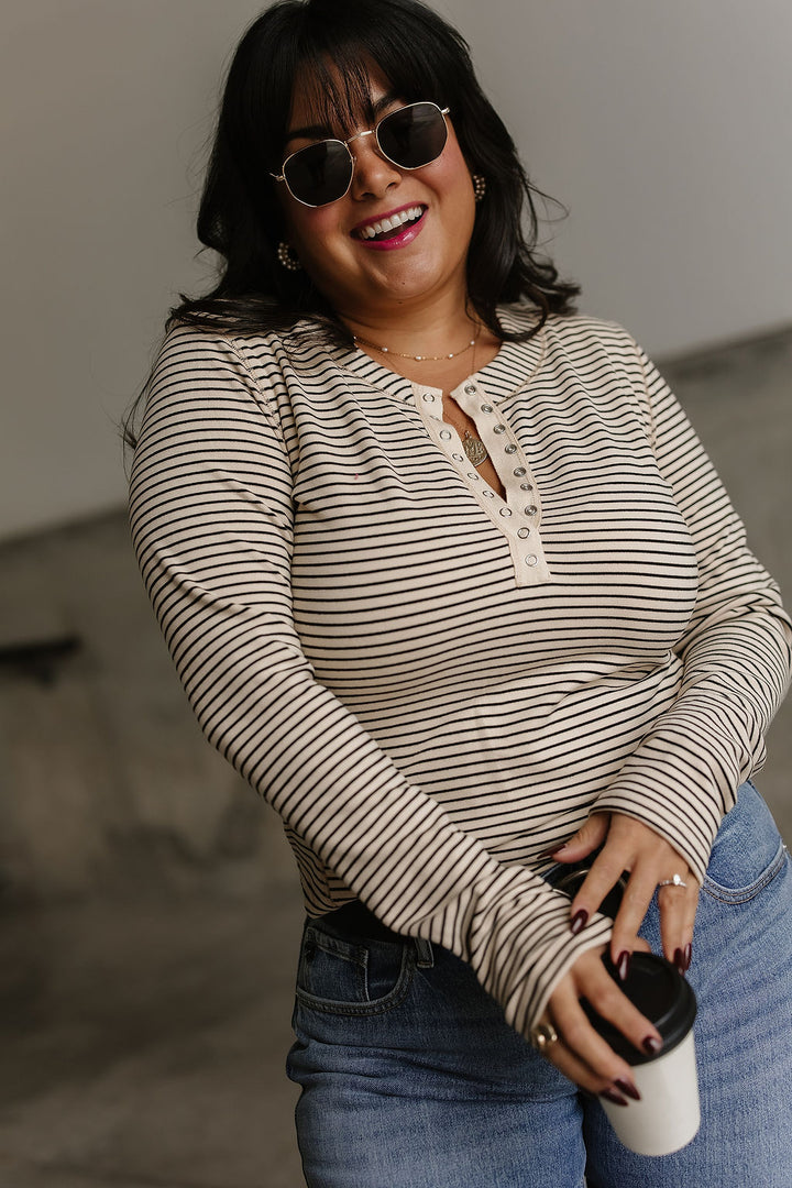 Brenna Striped Henley - Beige