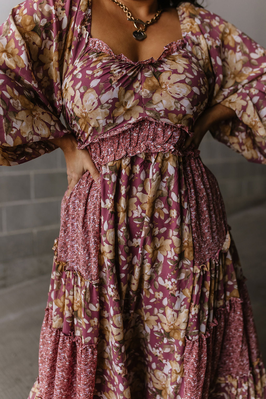 Floral Balloon Sleeve Midi Dress