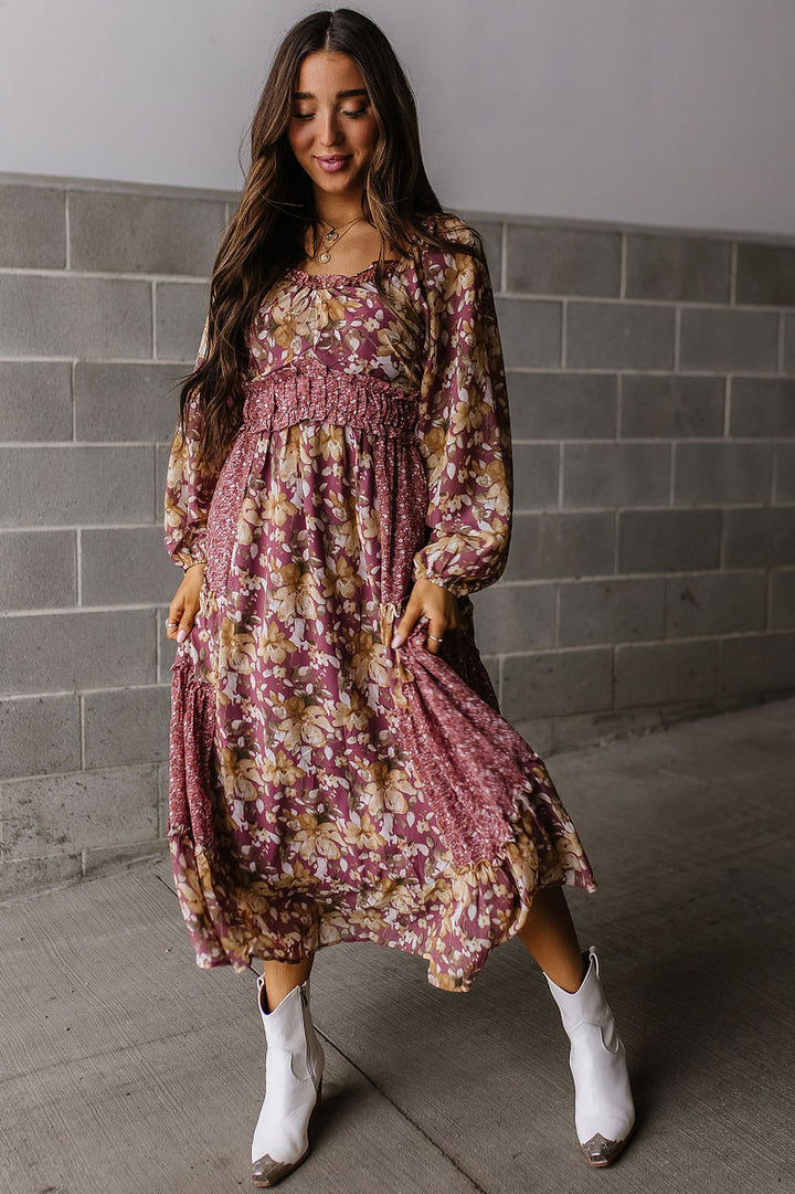 Floral Balloon Sleeve Midi Dress