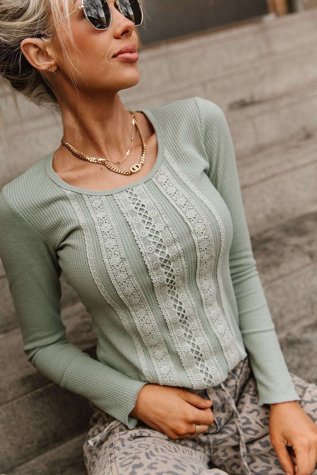Waffle Lace Long Sleeve - Sage