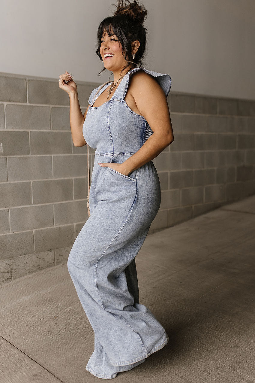 Denim Ruffle Sleeve Wide leg Jumpsuit