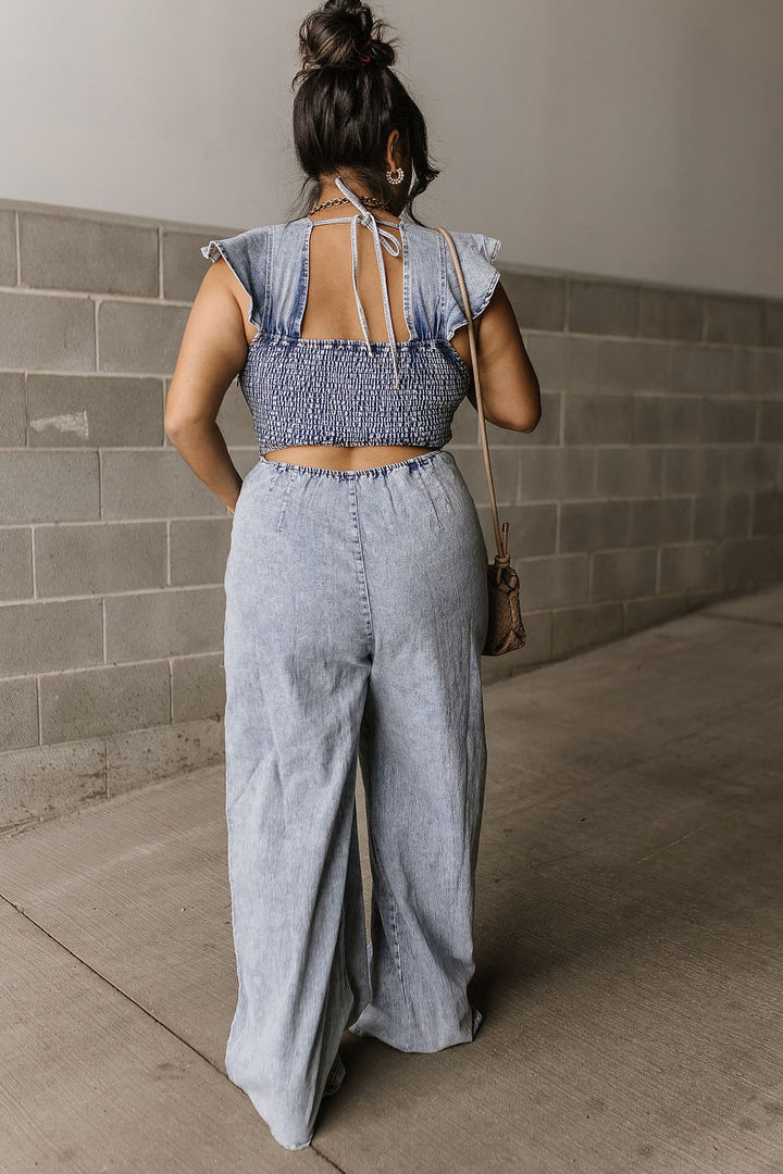 Denim Ruffle Sleeve Wide leg Jumpsuit