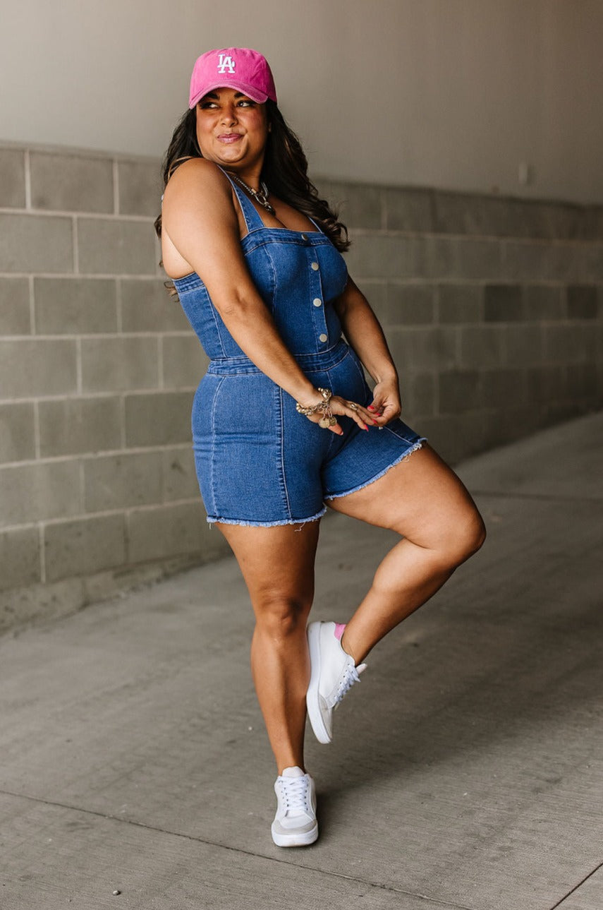 Short Stretchy Denim Romper with Button detail | Becky Denim