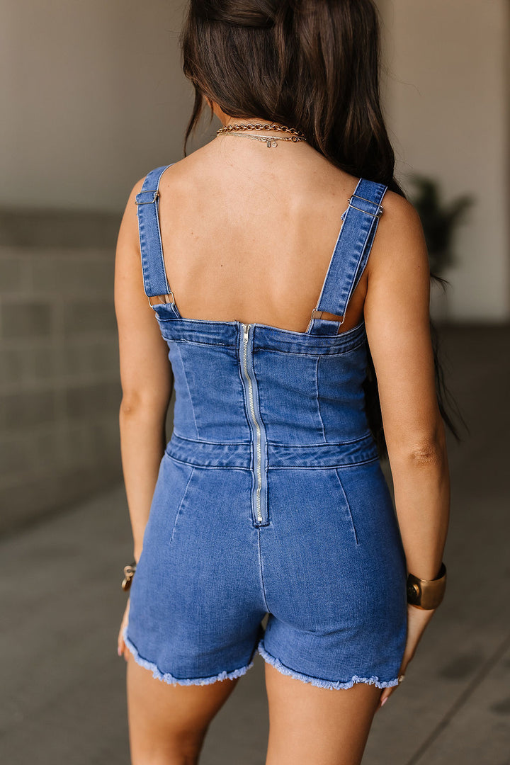 Short Stretchy Denim Romper with Button detail