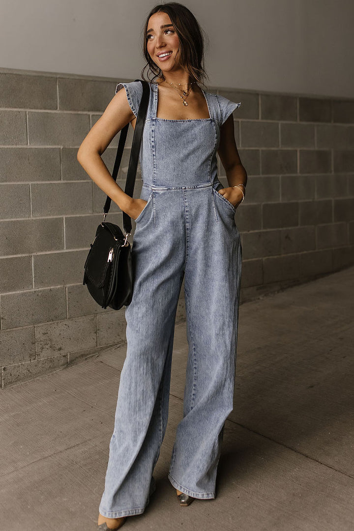 Denim Ruffle Sleeve Wide leg Jumpsuit