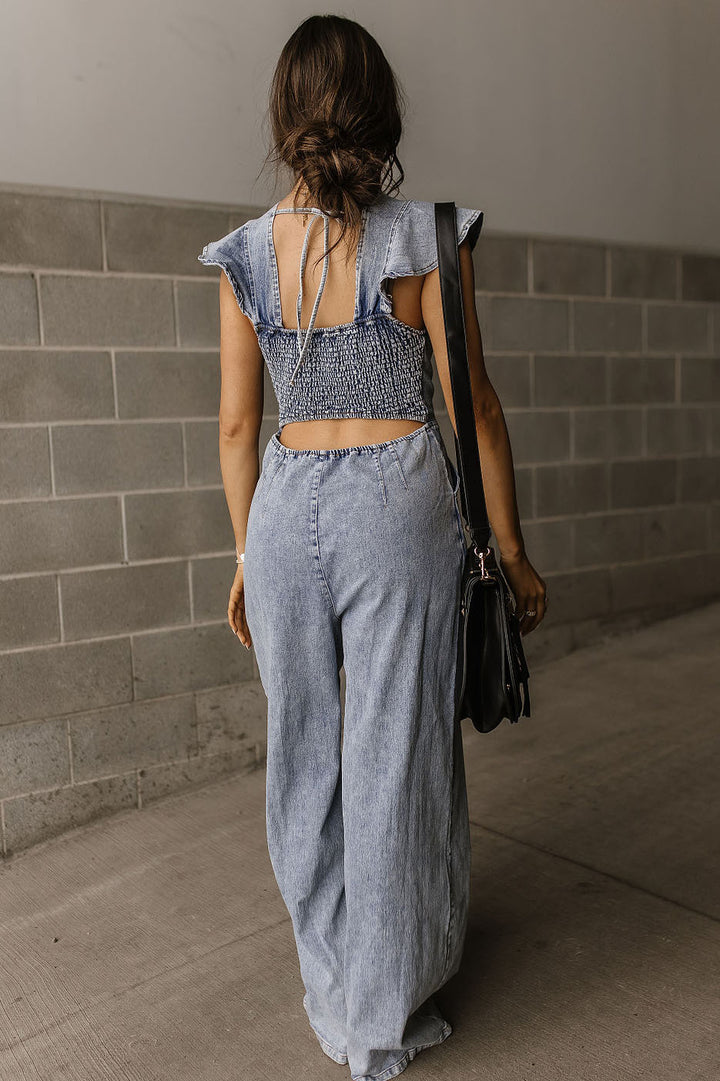 Denim Ruffle Sleeve Wide leg Jumpsuit