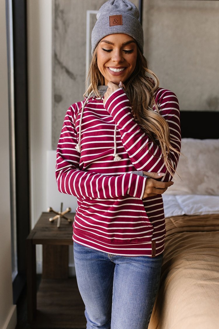 DoubleHood™ Sweatshirt - Line It Up Cranberry - Mindy Mae's Marketcomfy cute hoodies