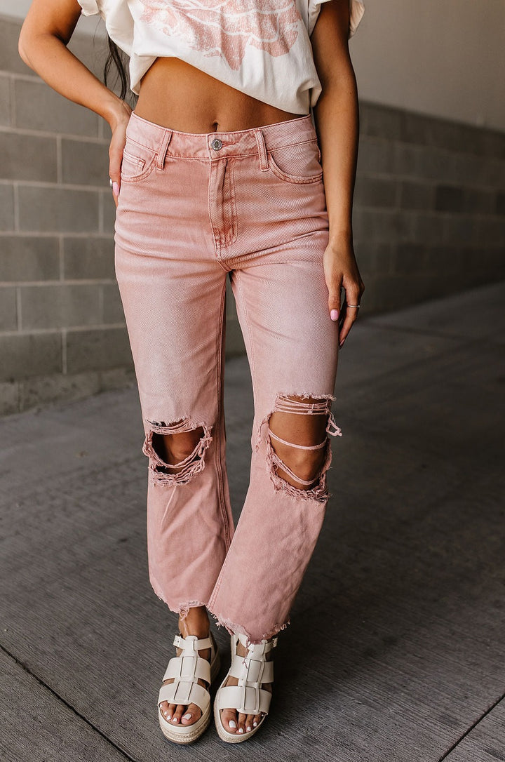 Pink Distressed Wide Leg Distressed Jeans