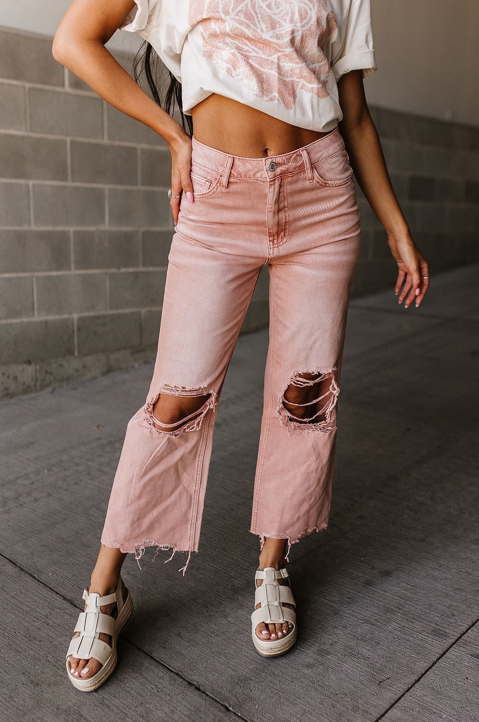 Pink Distressed Wide Leg Distressed Jeans