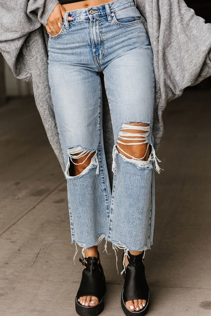 Cropped Distressed Light Wash Wide Leg Jeans