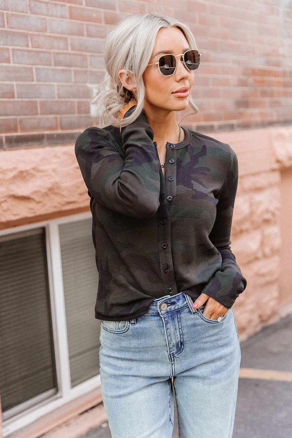 Button Front Long Sleeve Lulu - Cross-Country Camo