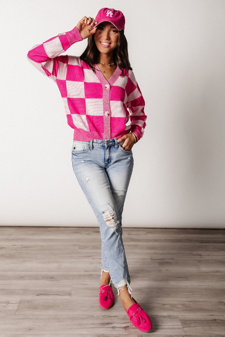 Kacie Checkered Cardigan - Pink