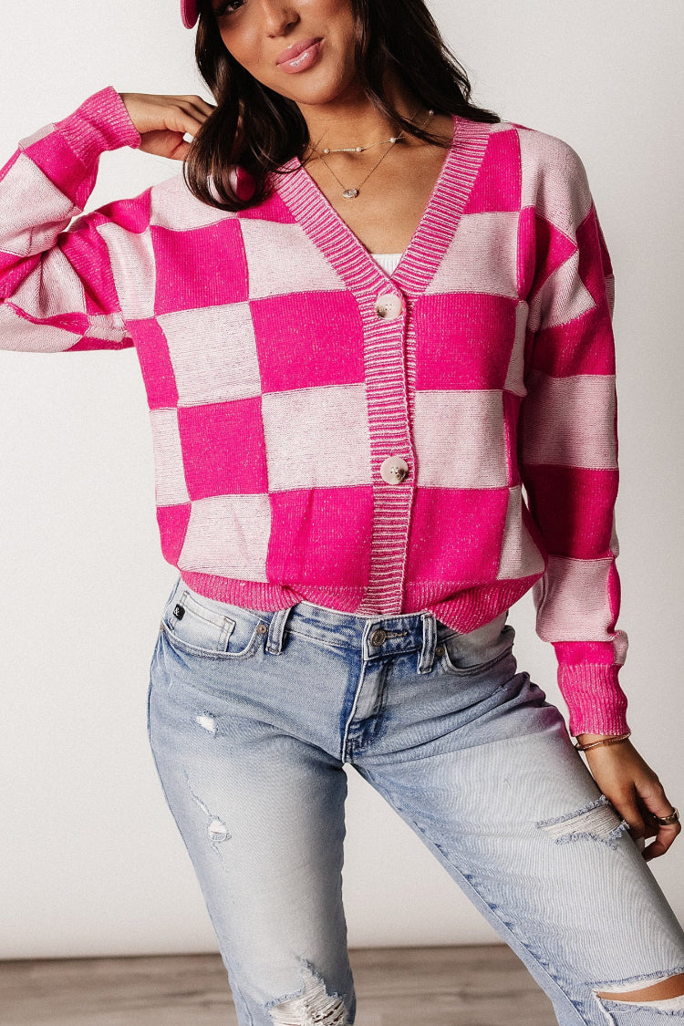 Kacie Checkered Cardigan - Pink