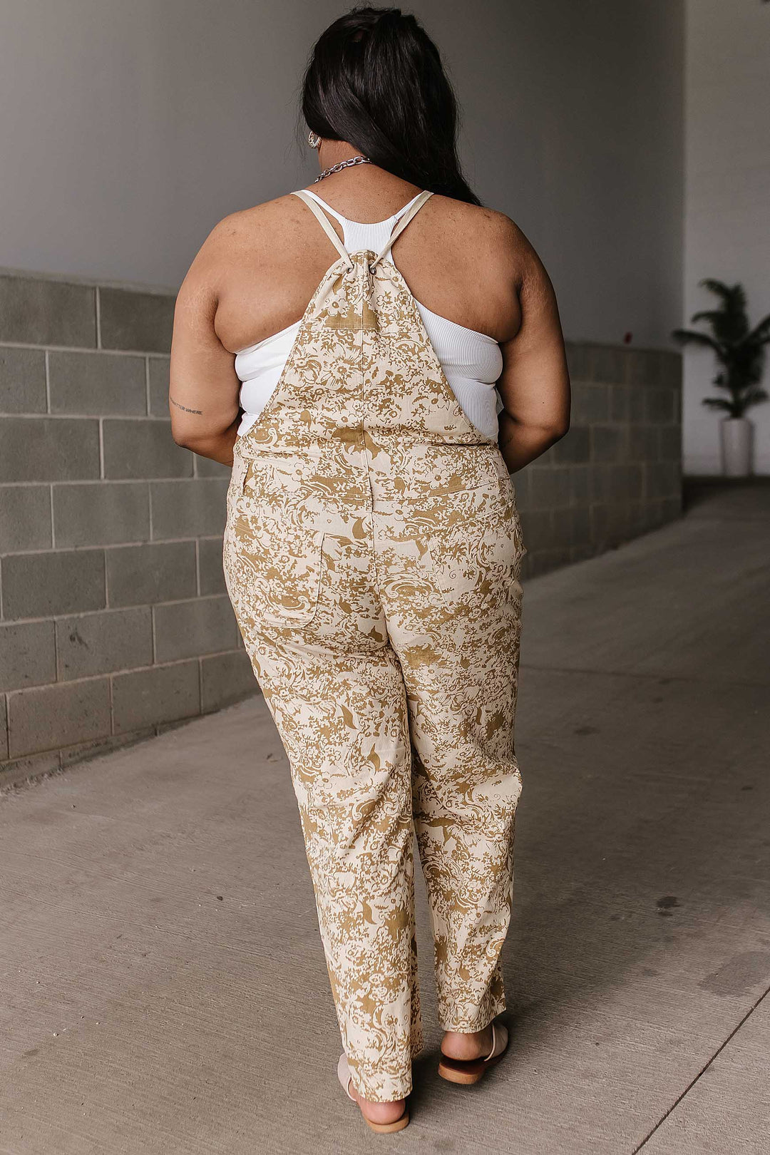 Taupe Floral Zipper Front Overalls