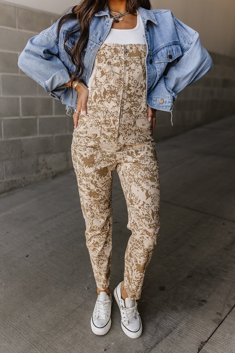 Taupe Floral Zipper Front Overalls