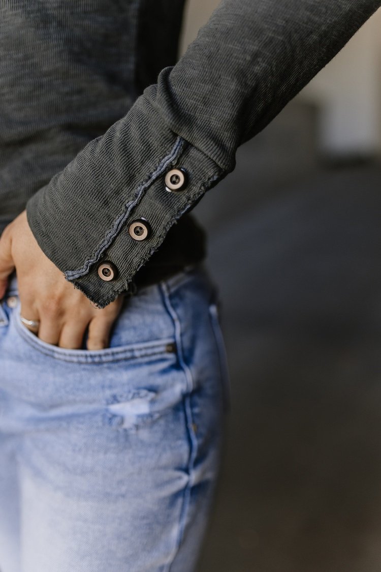 Long Sleeve Thermal Henley Layering Top Button Sleeve Detail