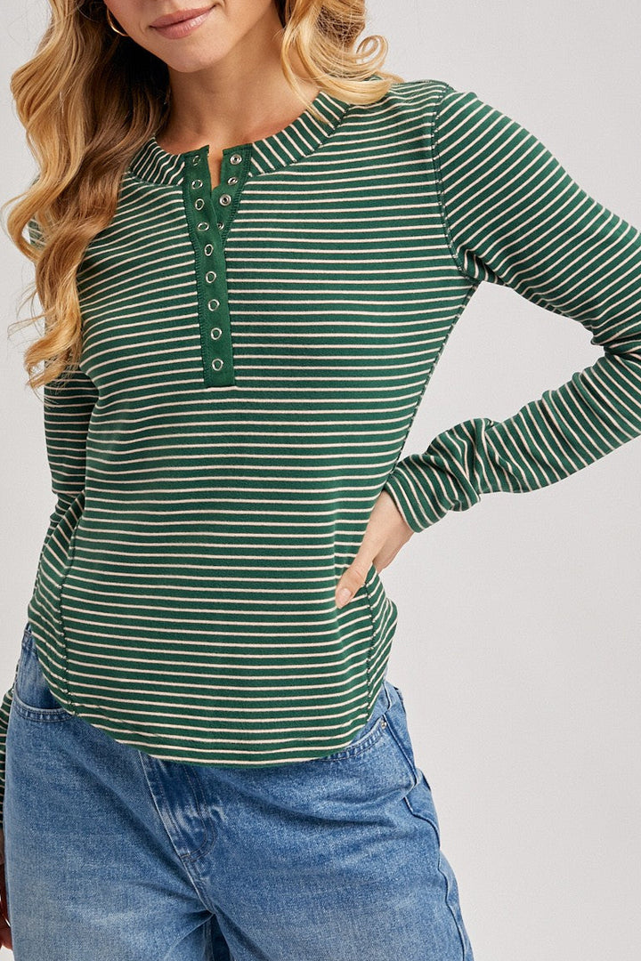 Brenna Striped Henley - Hunter Green