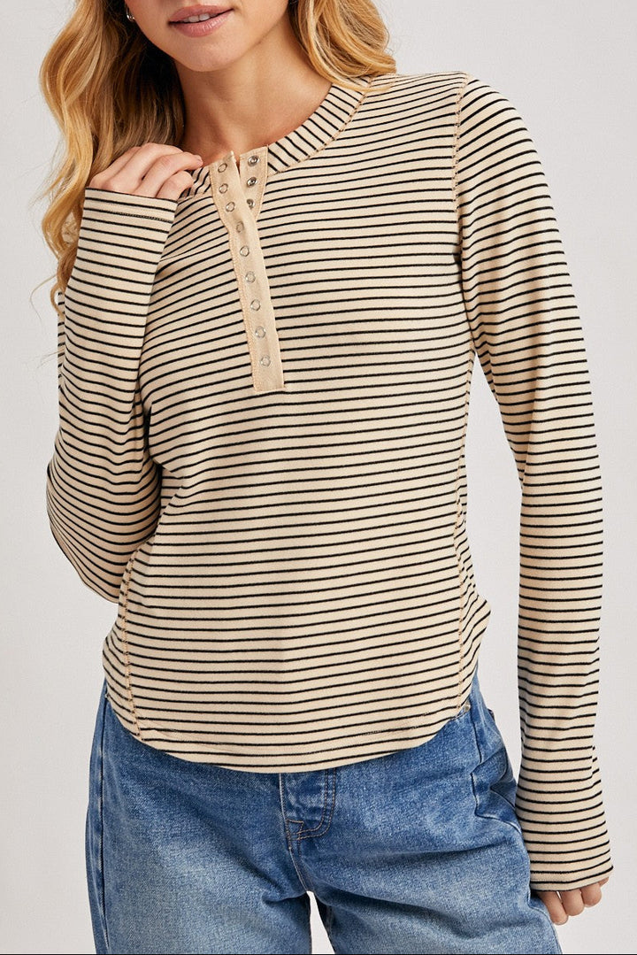 Brenna Striped Henley - Beige