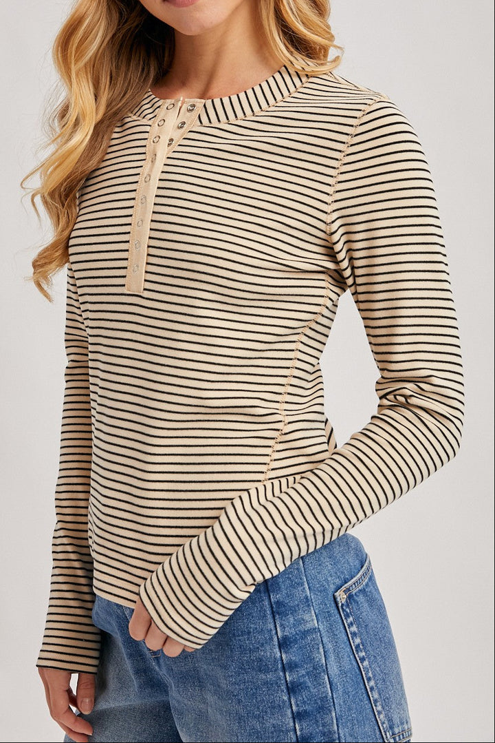 Brenna Striped Henley - Beige