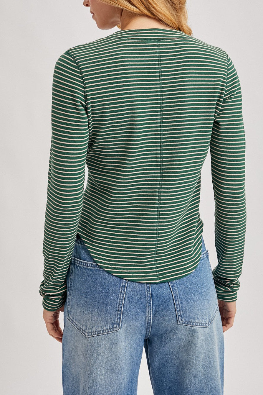 Brenna Striped Henley - Hunter Green