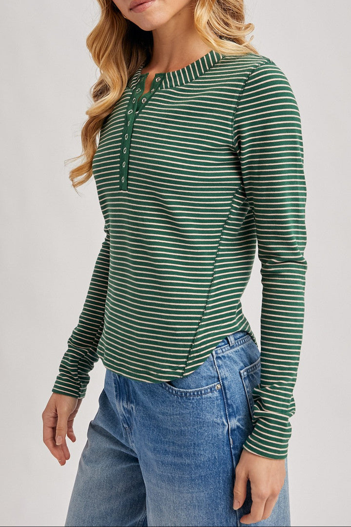 Brenna Striped Henley - Hunter Green