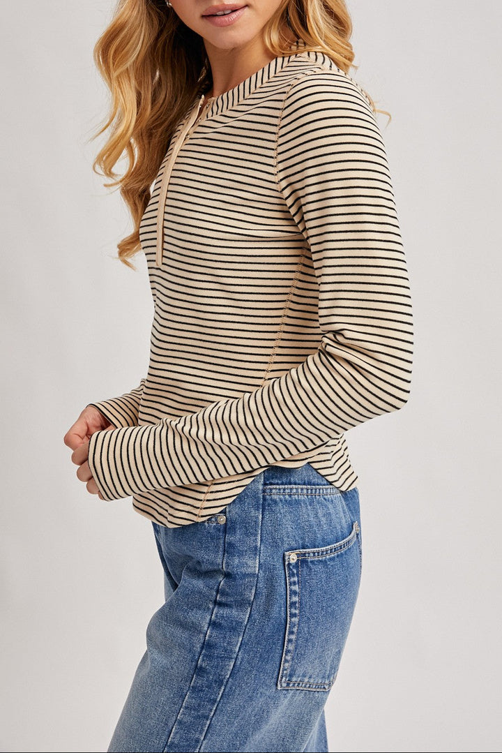 Brenna Striped Henley - Beige