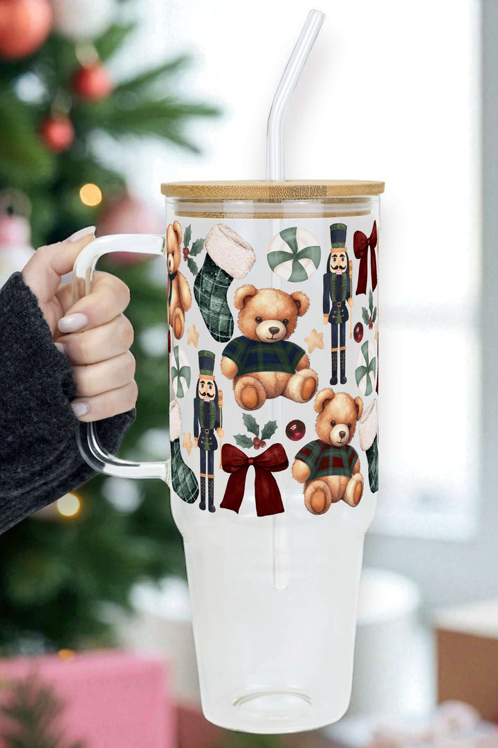 Plaid Teddy Christmas Tumbler with Handle Lid & Straw