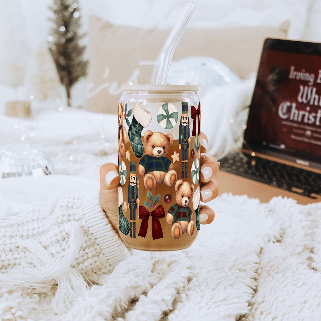 Plaid Teddy Christmas Cup with Lid & Straw