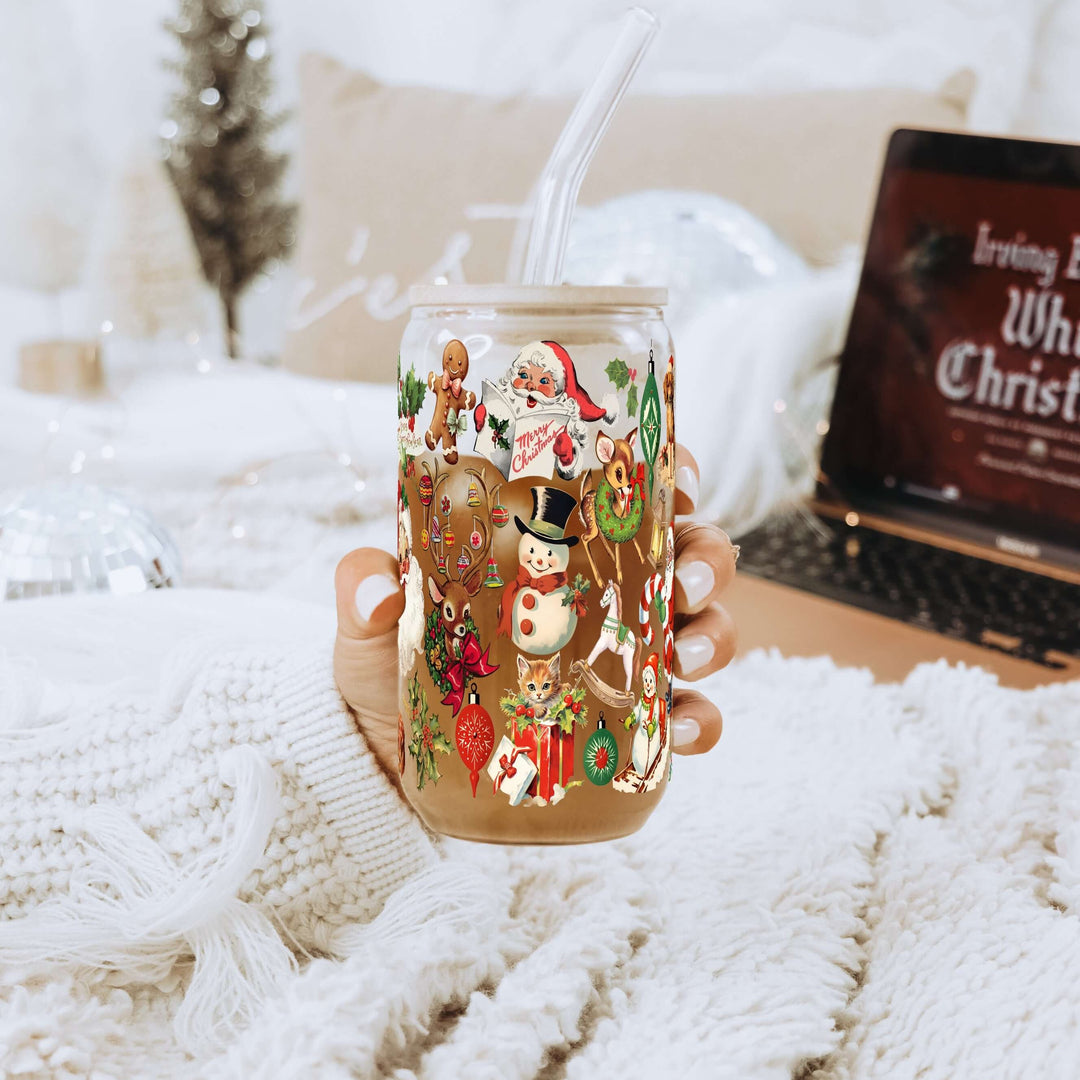 Nostalgic Christmas Glass Can Cup with Lid & Straw