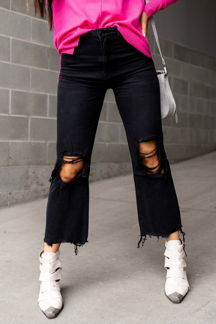 Wide Leg Cropped Distressed Jeans