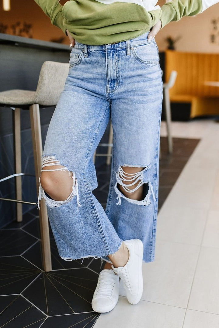 Cropped Distressed Light Wash Wide Leg Jeans