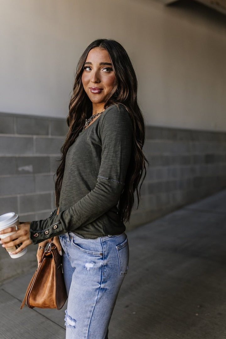 Long Sleeve Thermal Henley Layering Top Button Sleeve Detail