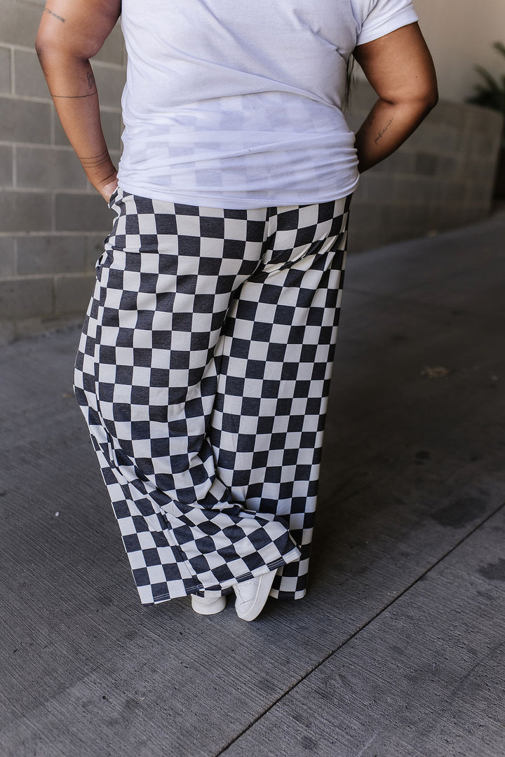 White and Navy Checked Comfy Wide Leg Pants