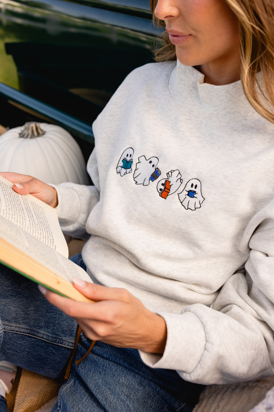 Spooktok Ghosts Embroidered Mock Neck
