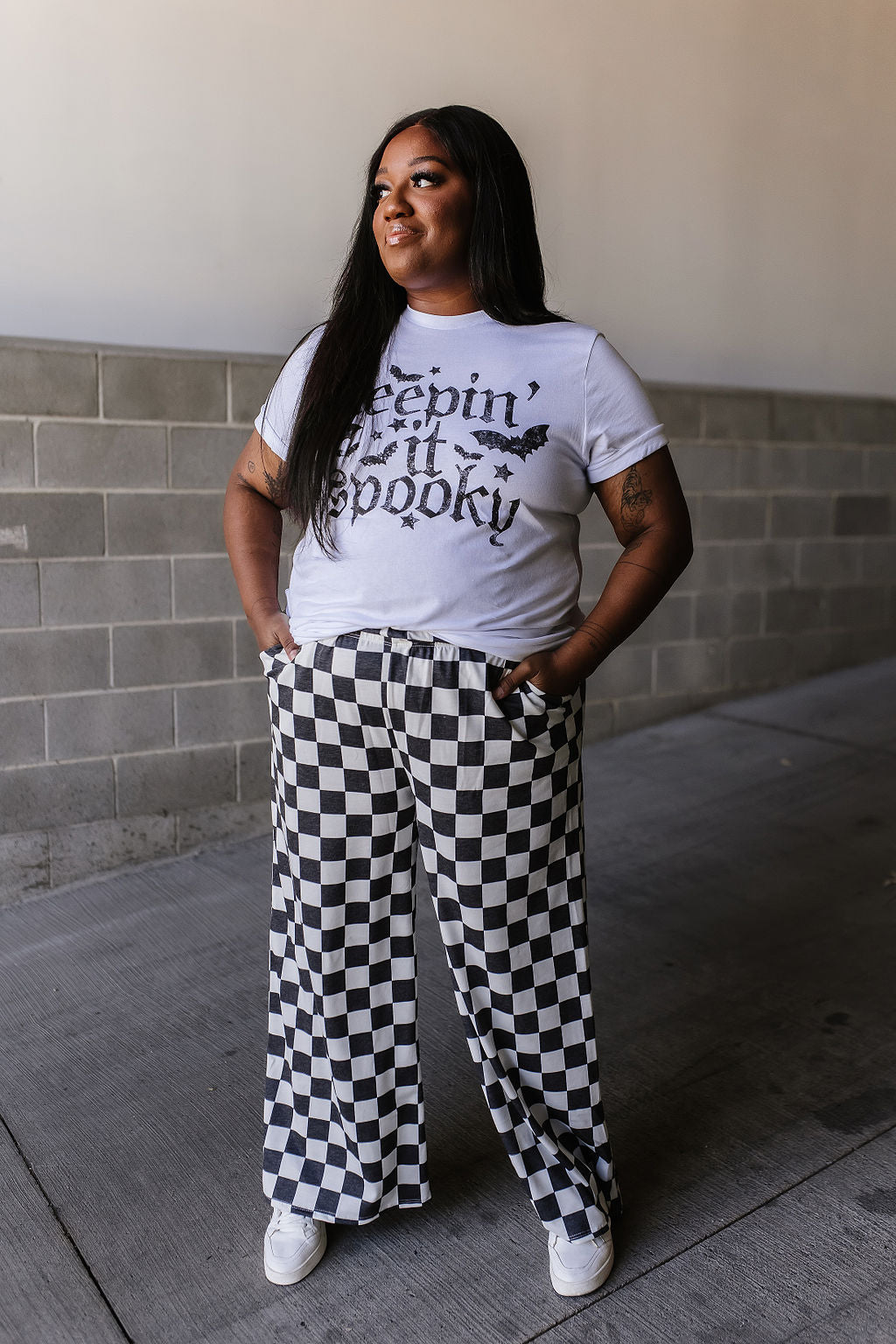 White and Black Checked Comfy Wide Leg Pants Checkmate Pants