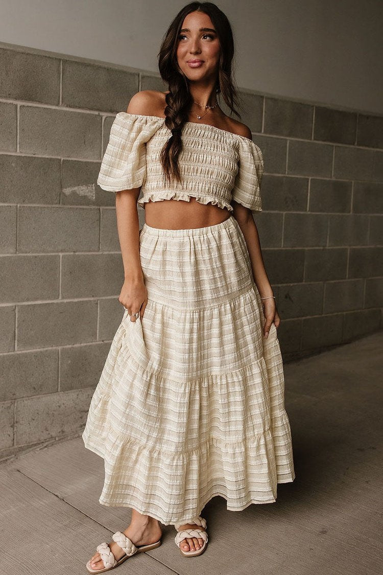 Beige Textured Striped Puff Sleeve Maxi Skirt Set | Mindy Mae's Market