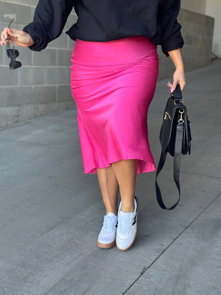 Bright Pink Fuchsia Satin Midi Skirt | Mindy Mae's Market