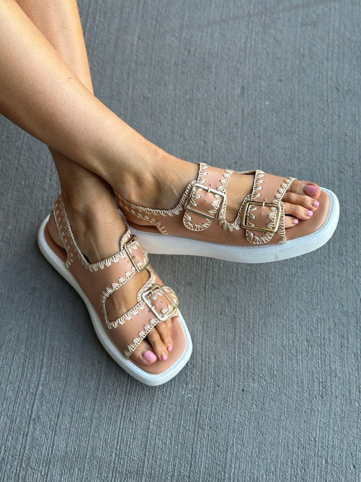 Brown Leather Stitched Square Toe Strappy Sandals | Mindy Mae's Market
