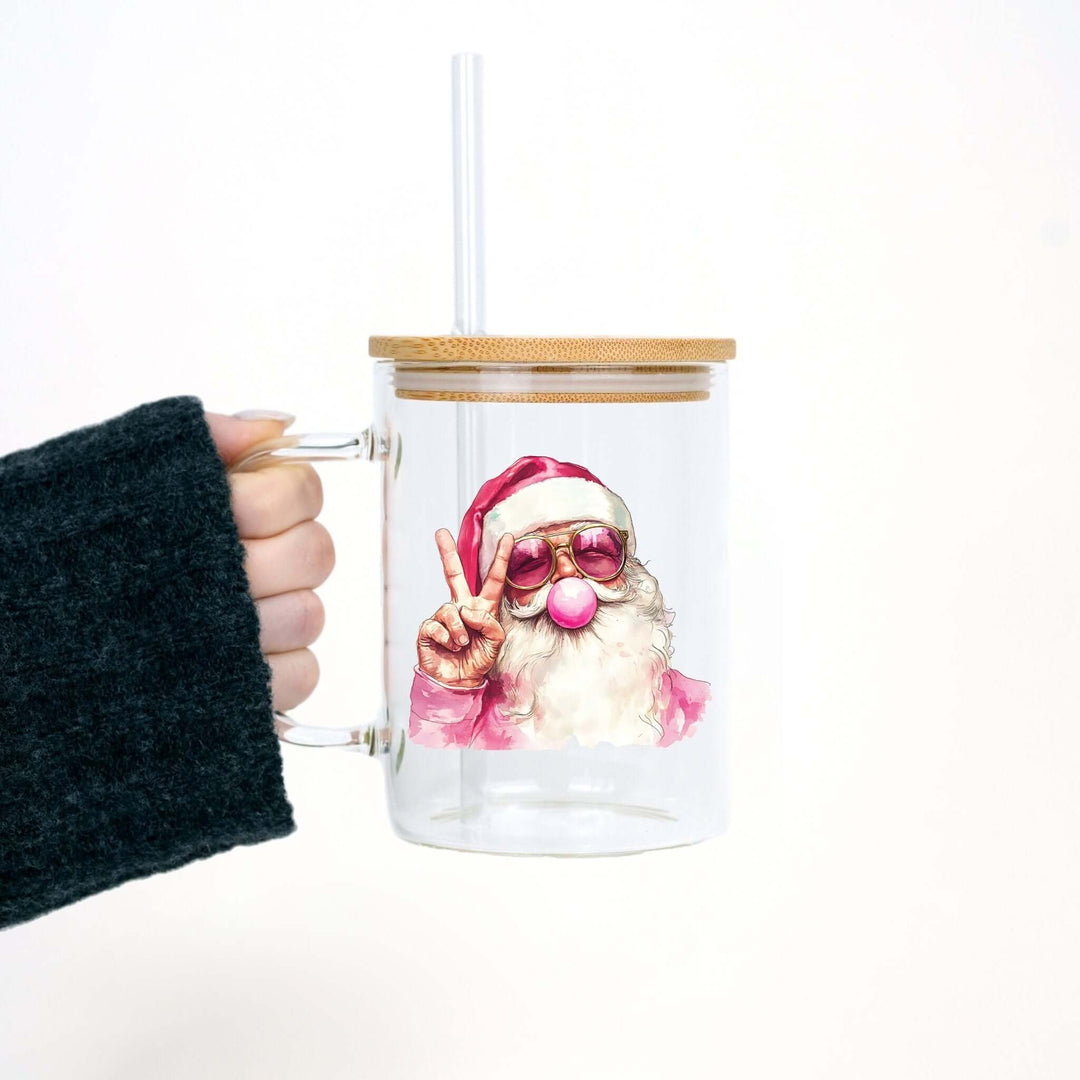 Bubble Claus 17oz Glass Mug With Lid and Straw
