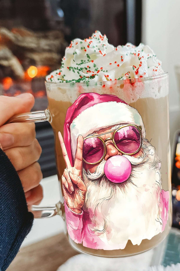 Bubble Claus 17oz Glass Mug With Lid and Straw