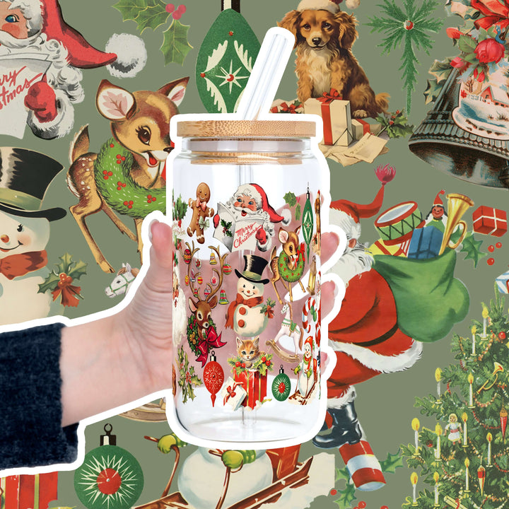 Nostalgic Christmas Glass Can Cup with Lid & Straw